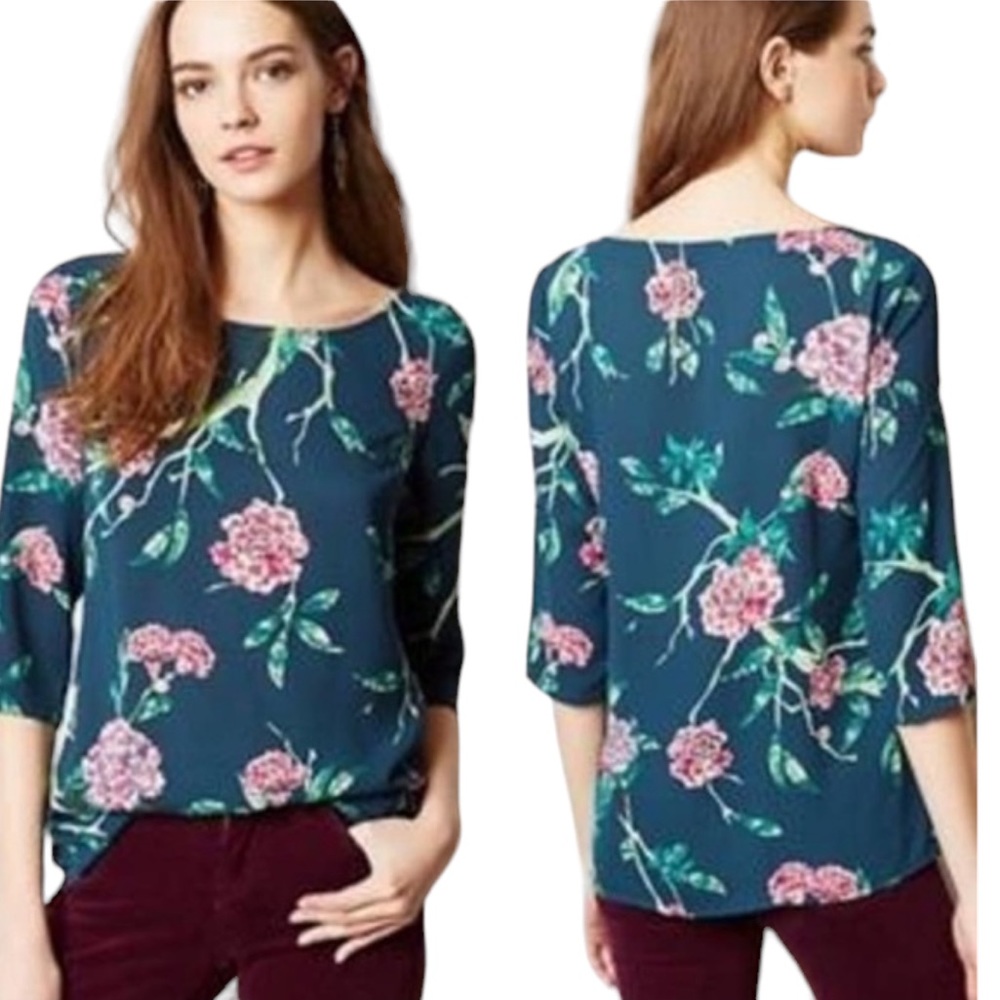 HD in Paris for Anthropologie “Eira” Teal Floral Blouse